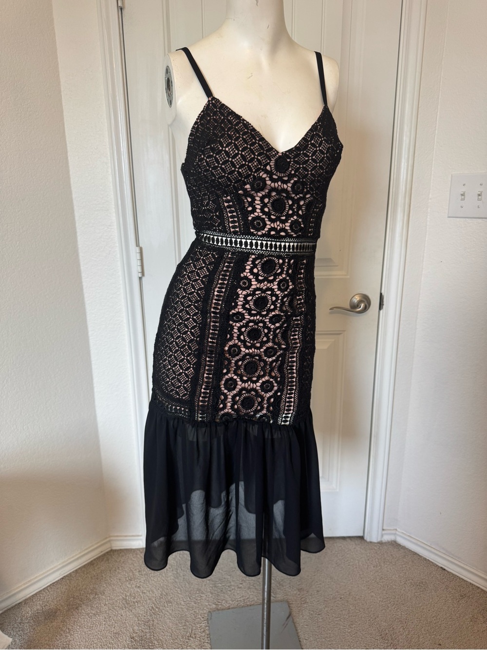 Glamorous Black Lace Midi Dress with Nude Underlay